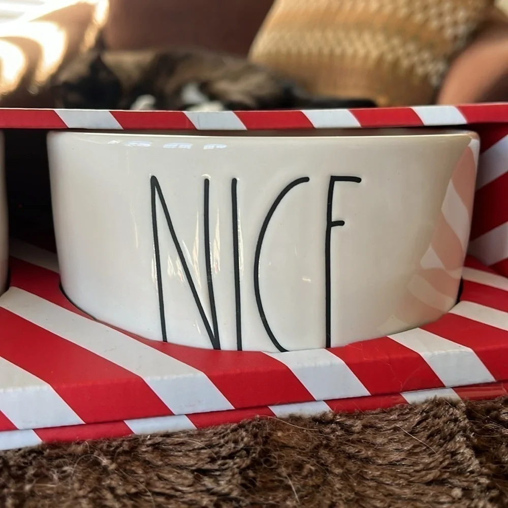 Brand New Rae Dunn 6” Dog Cat Pet Food Bowls Ceramic Naughty Nice Christmas